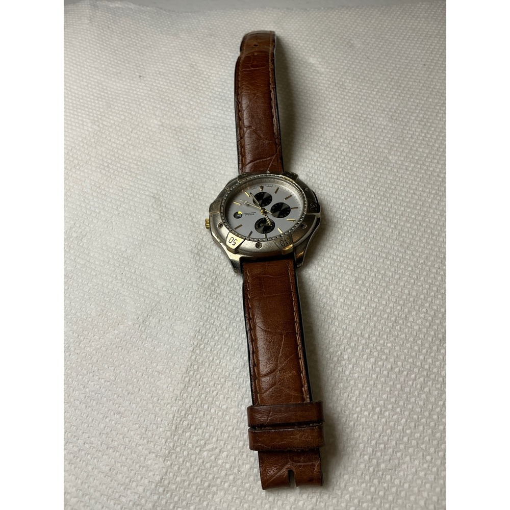 Pierre Nicol Mens Chronograph Watch White Dial Brown Leather Strap Date C017